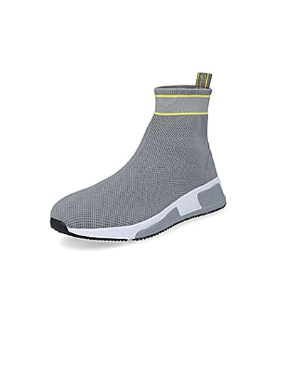 360 degree animation of product Prolific grey knitted high top sock trainers frame-0