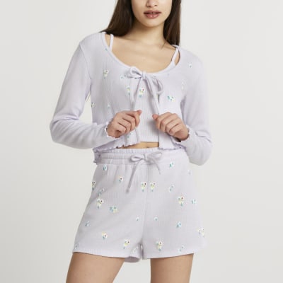 Purple 3 piece floral cardigan set