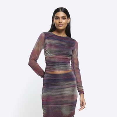 Purple abstract mesh ruched top | River Island