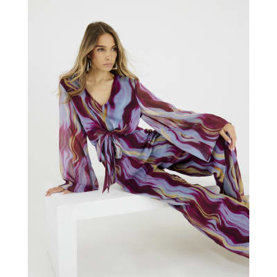 Purple Abstract Print Tie Front Jumpsuit