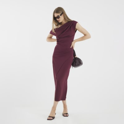 Purple Asymmetric Draped Wrap Midi Dress
