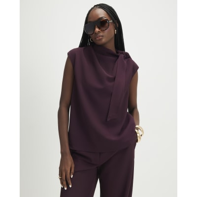 Purple Asymmetric Tie Neck Top
