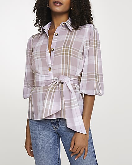 Purple belted check shirt