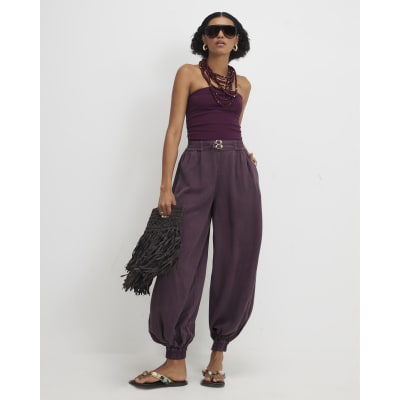 Purple Belted Cuffed Hem Barrel Leg Jeans
