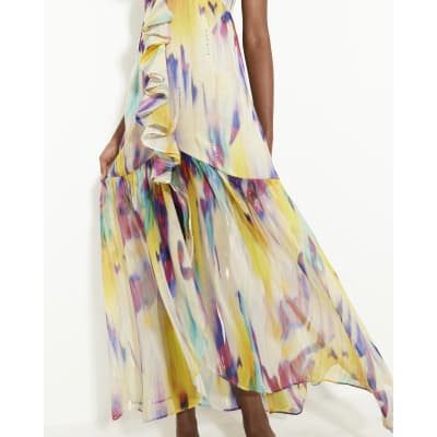 Purple Blurred Print Frill Beach Maxi Dress River Island