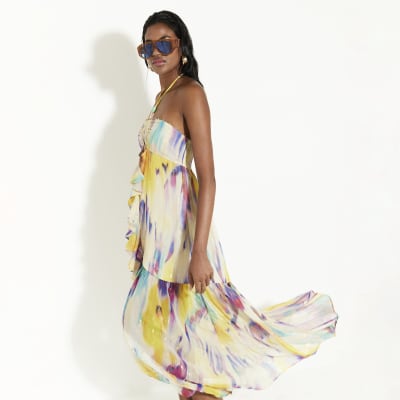 Purple Blurred Print Frill Beach Maxi Dress