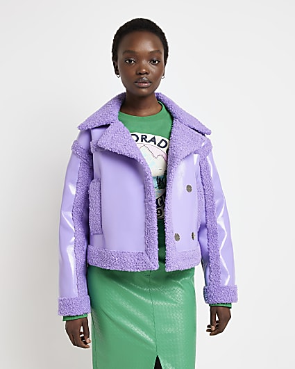Purple borg cropped aviator jacket