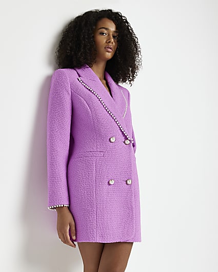 Purple boucle embellished blazer dress