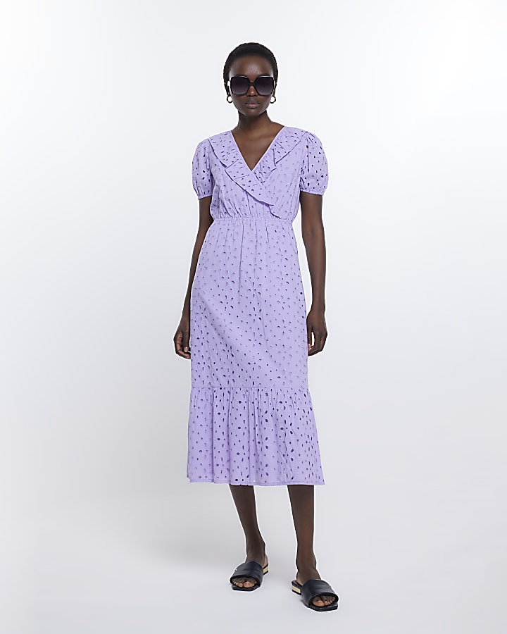 Purple Brodeire Wrap Midi Dress