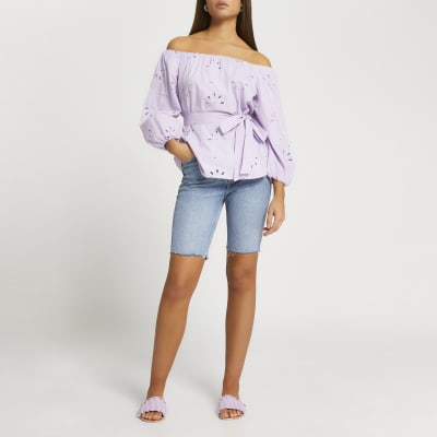 Purple broderie belted bardot top