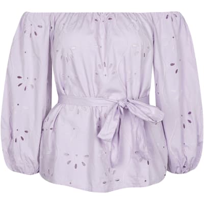 Purple broderie belted bardot top