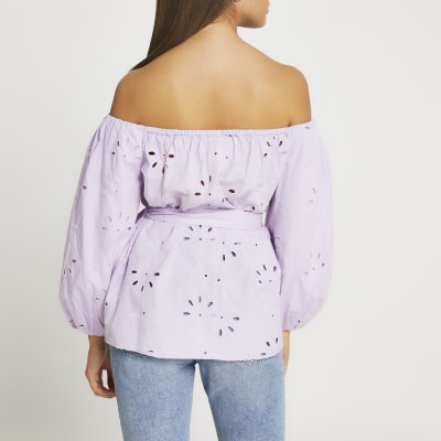Purple broderie belted bardot top