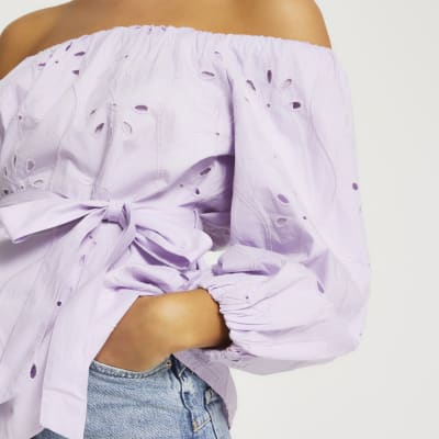 Purple broderie belted bardot top