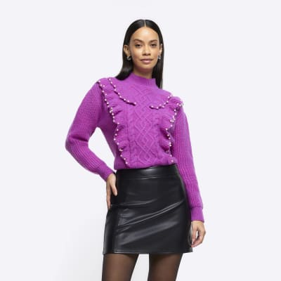 Purple cable knit frill jumper | River Island