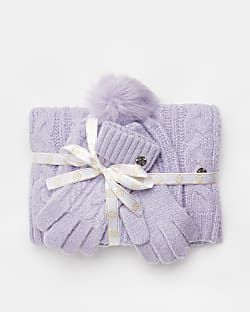 Purple cable knit hat scarf and gloves set