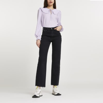 Purple check print collar blouse top