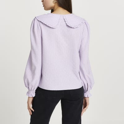 Purple check print collar blouse top