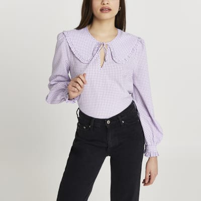 Purple check print collar blouse top