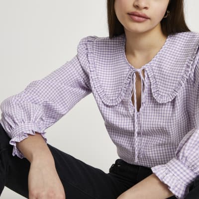 Purple check print collar blouse top