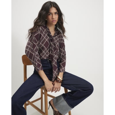 Check Print Pussybow Blouse