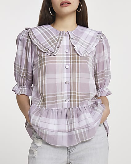 Purple checked oversized collared shirt
