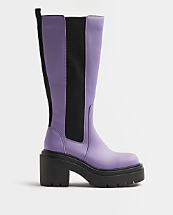 Purple chunky heeled knee high boots