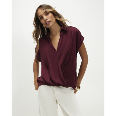 Collared Satin Wrap Blouse