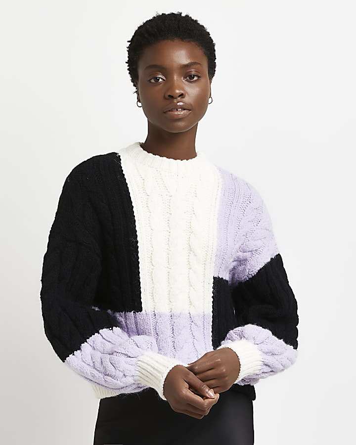 Purple colour block cable knit jumper