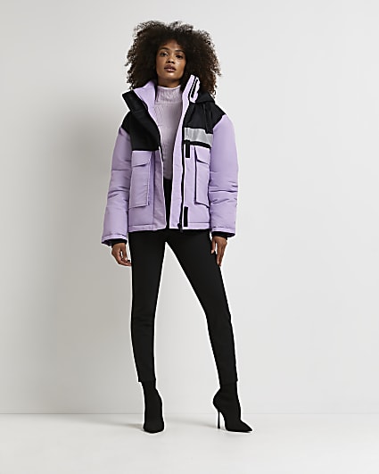 Purple colour block puffer coat