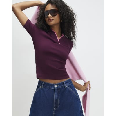 Cotton Blend Ribbed Polo Top