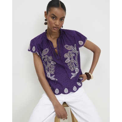 Purple Cotton Broderie Tie Neck Blouse