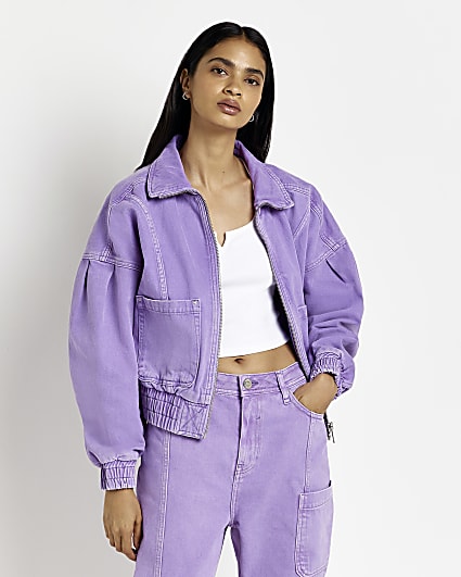 Purple denim bomber jacket