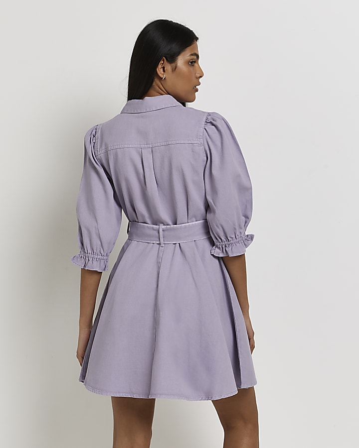 Purple denim mini shirt dress