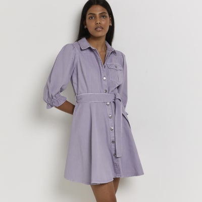 Purple denim mini shirt dress | River Island