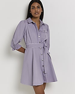 Purple denim mini shirt dress