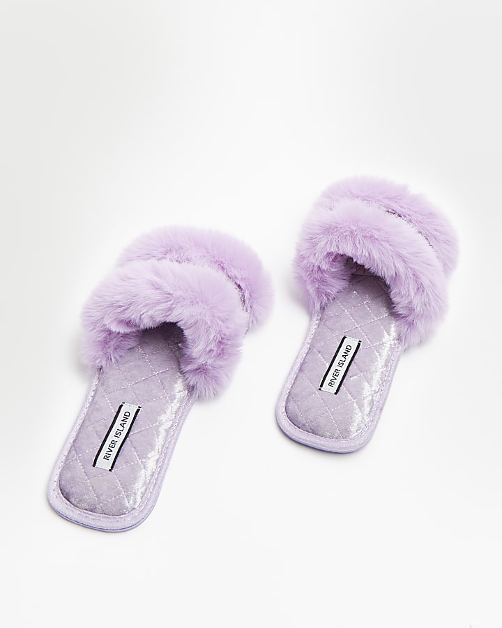 Purple diamante faux fur slippers