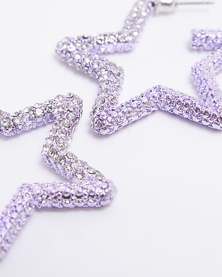 Purple diamante star hoop earrings