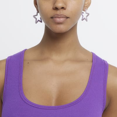 Purple diamante star hoop earrings