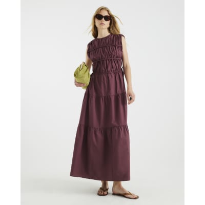 Purple Drawstring Tiered Maxi Dress