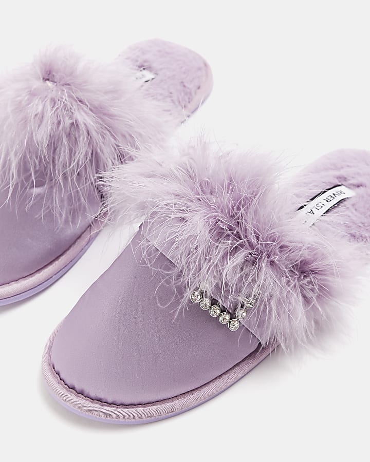 Purple embellished buckle slippers