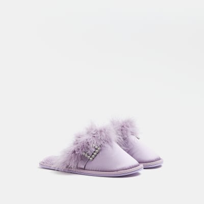 Purple embellished buckle slippers