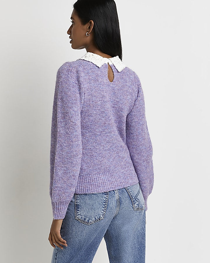 Purple embellished lace collar jumper