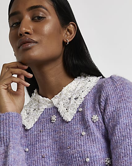Purple embellished lace collar jumper