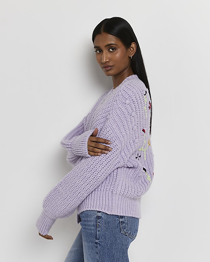 Purple embroidered chunky knit cardigan