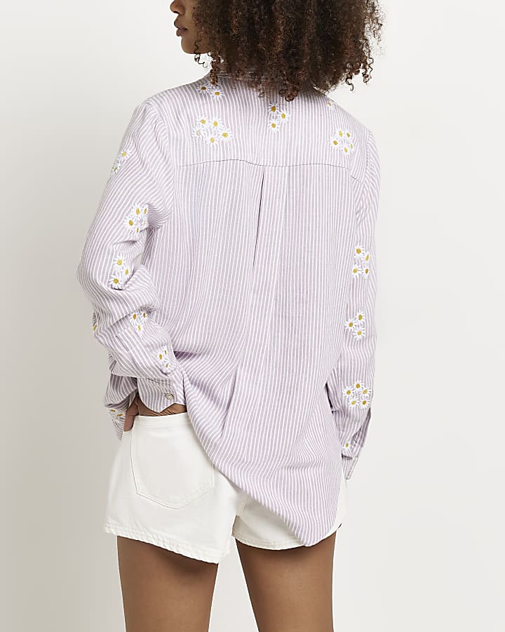Purple embroidered striped shirt
