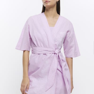 Purple embroidered wrap kimono