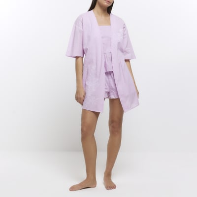 Purple embroidered wrap kimono