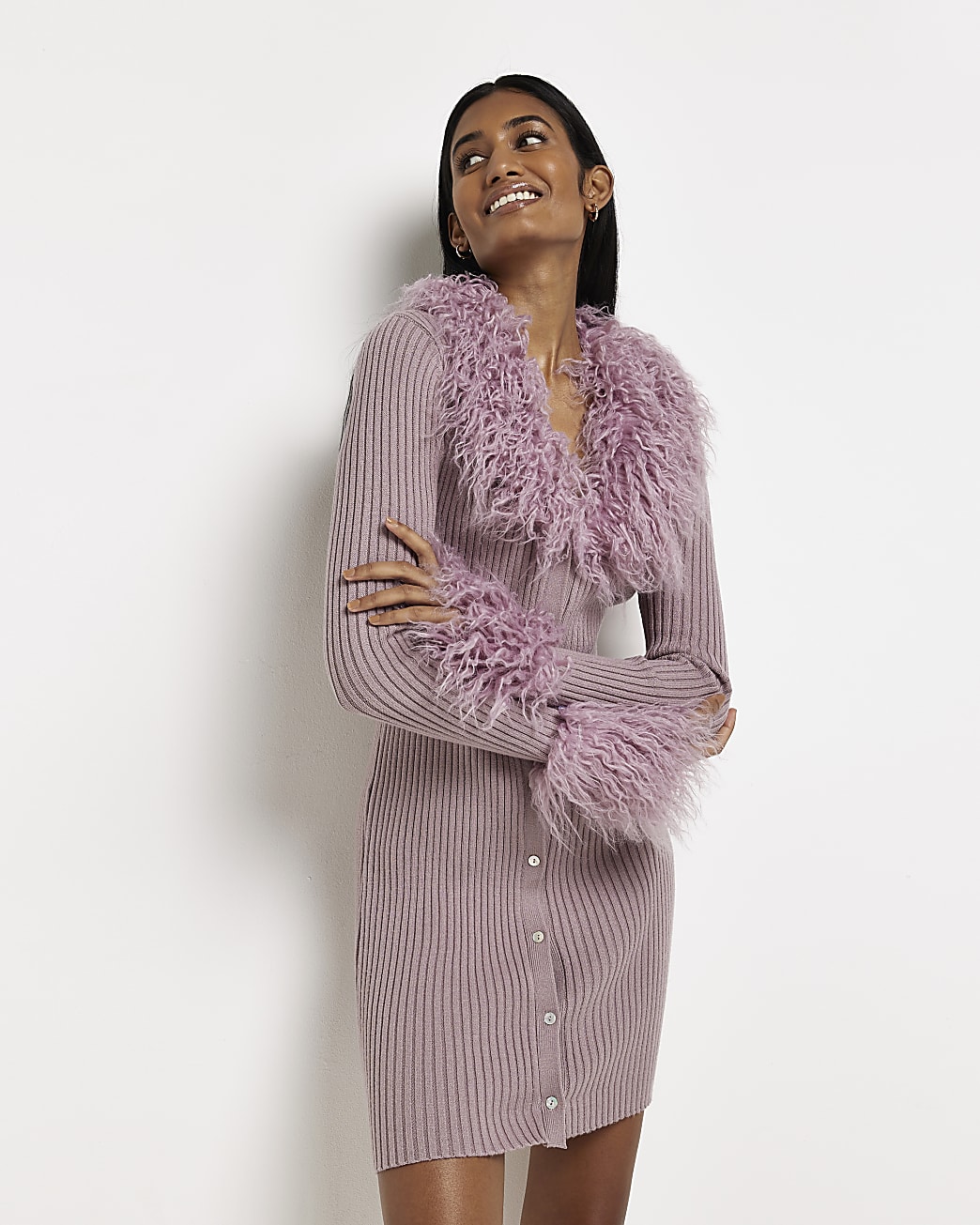 riverisland.com | Purple Faux Fur Bodycon Mini Dress