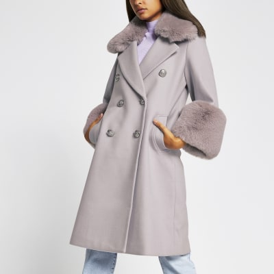 Purple faux fur cuff swing coat | River Island