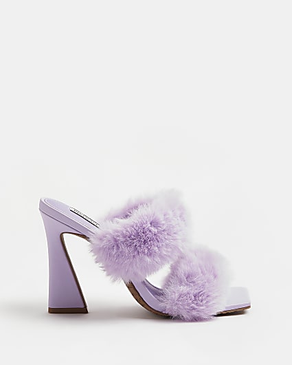 Purple faux fur heeled sandals